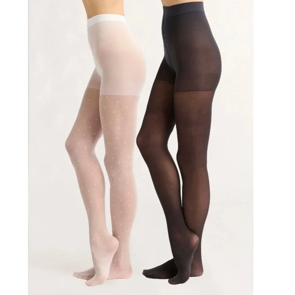 Joyspun‎ White Polka Dot Black Tights Womens Size XXL Sheer 2 Pair